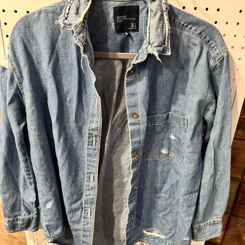 Zara Trafaluc Distressed Denim Shirt Medium Oversized Ripped Grunge